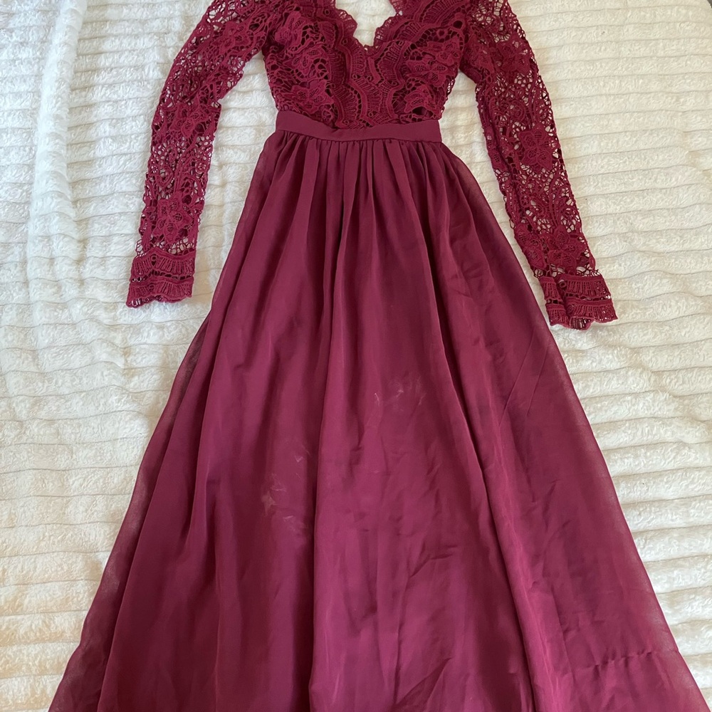Formal long sleeve red/maroon lace open-back Evening Dress